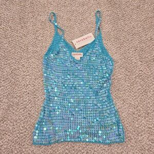 Vintage Carabella Y2k 90s Blue Iridescent Sequin Crochet Camisole Tank Top NEW L